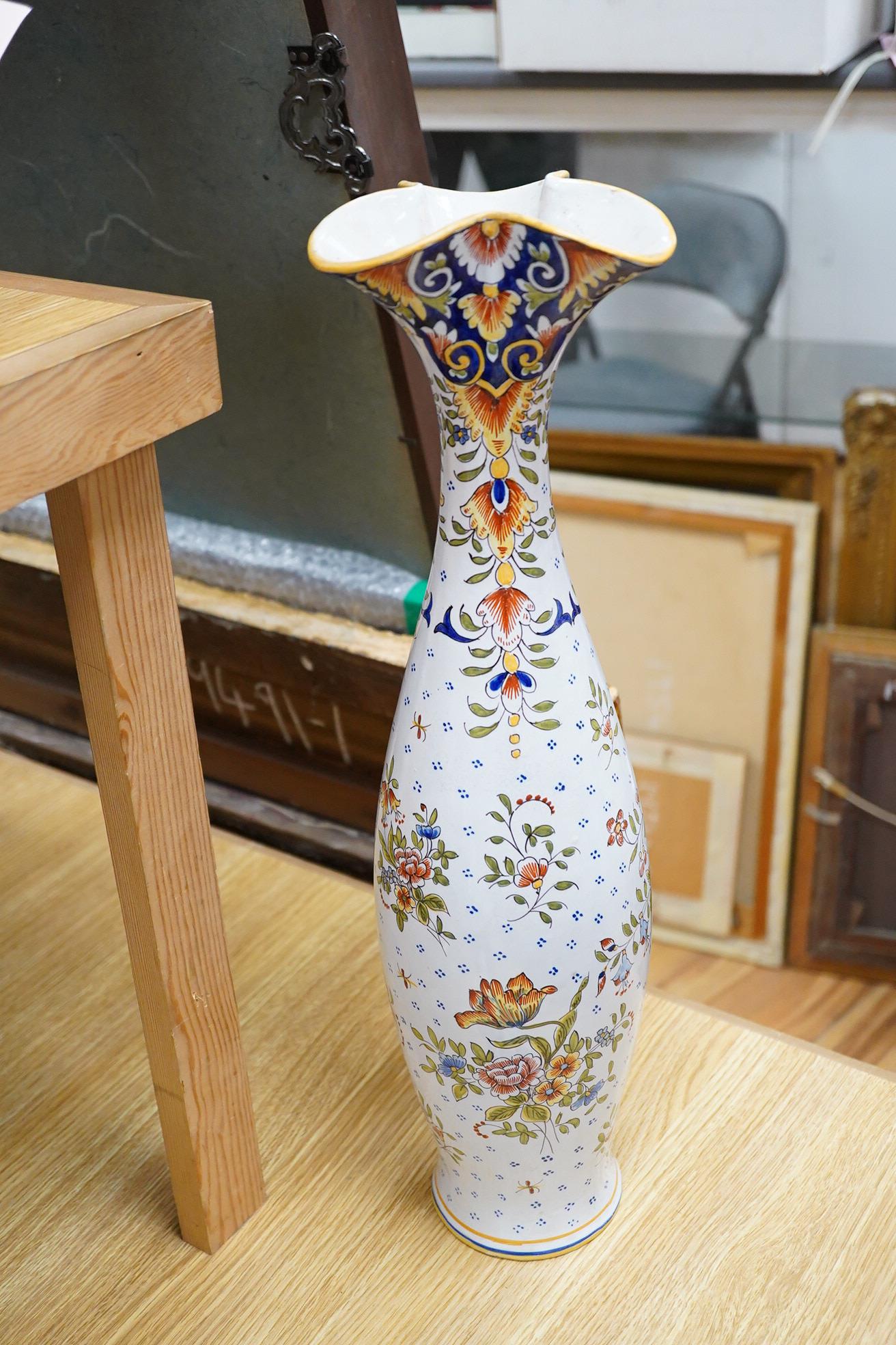 Five French faience pottery items, dating from the late 18th century to late 20th century. Tallest -vase 51cm high.
